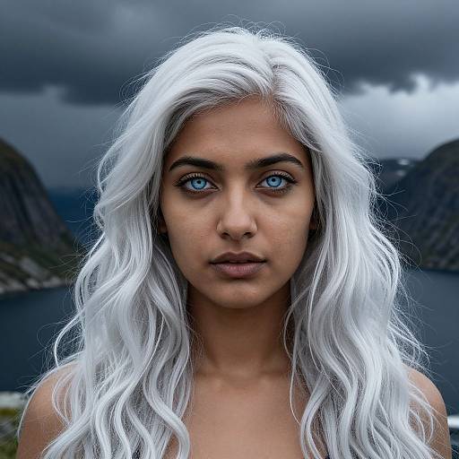 Photograph of a young woman with strikingly vivid blue eyes and long, wavy white hair, set against a dark, stormy mountain landscape.