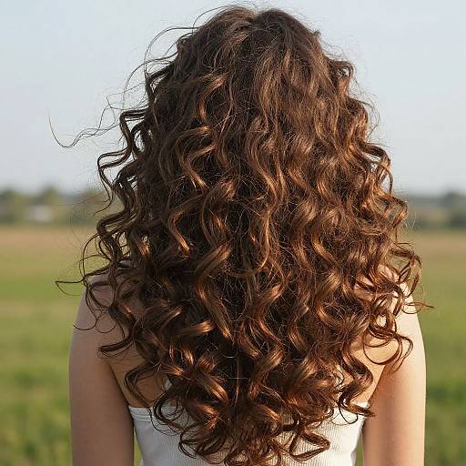 Photograph of a person with long, curly brown hair facing away, standing in a green field under a clear sky.
