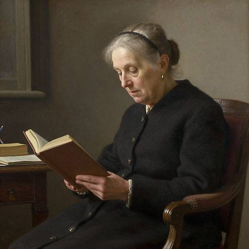 Photograph of an elderly woman with grey hair in a black dress, reading a book in a dimly lit room.