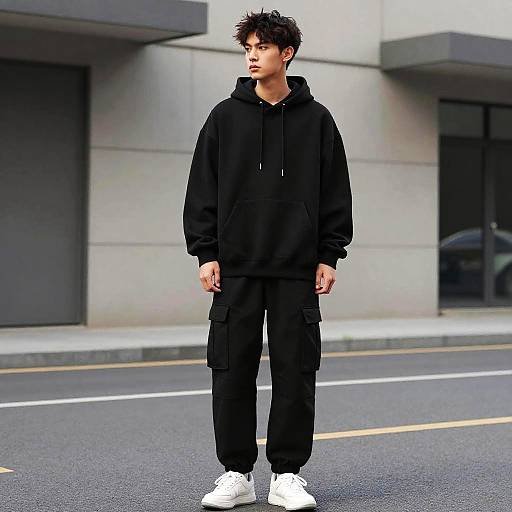 Photograph of a young Asian man with spiky black hair, wearing a black hoodie, black cargo pants, and white sneakers, standing on a city