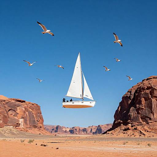 Photograph of a white sailboat with two people floating above red desert cliffs, surrounded by flying seagulls under a vivid blue sky.