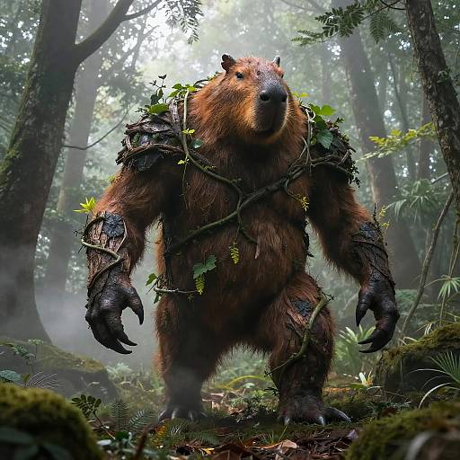 Photorealistic CGI of a muscular, brown bear with leafy vines and bark wrapped around its arms, standing in a misty, dense forest.