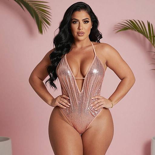 Curvy Woman in Rose-Gold Swimsuit