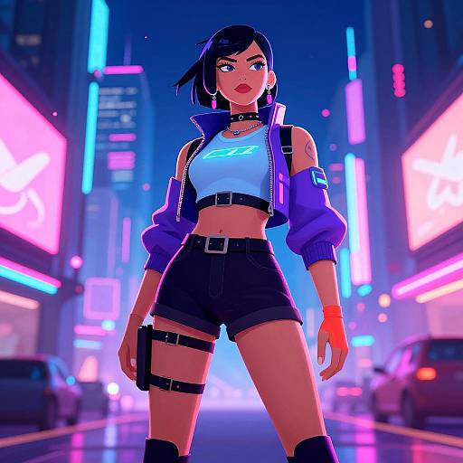 Digital anime-style drawing of a confident woman with black hair, wearing a blue crop top, purple jacket, black shorts, and thigh straps, standing in
