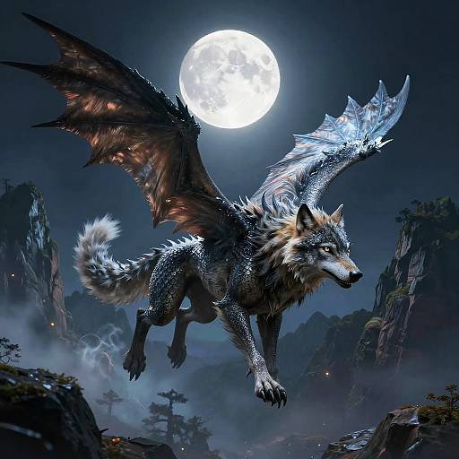 Mythical Wolf-Dragon Soaring Above Mountains