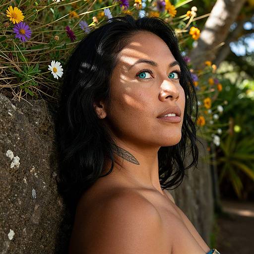 Photograph of a topless woman with dark hair, blue eyes, and tan skin, leaning against a stone wall with colorful wildflowers. Sunlight
