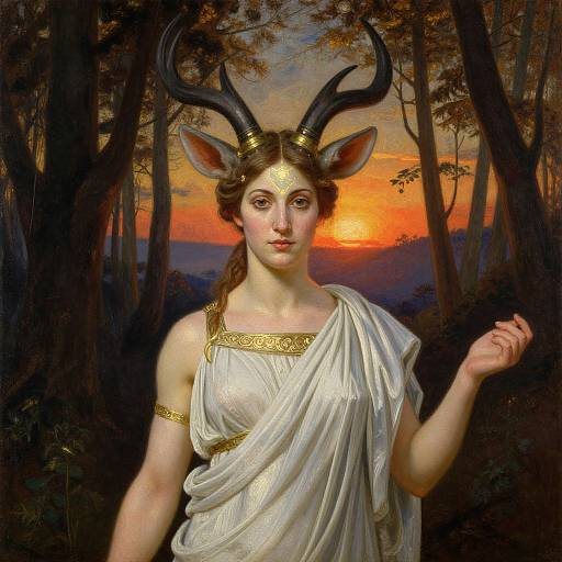 Classical painting of a young woman with deer antlers, white draped gown, golden headband, and armlet, against a forest sunset.