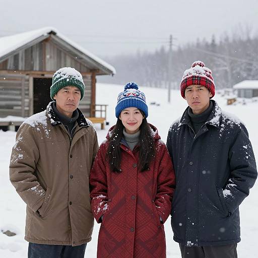 Three People Standing in Snowy Winter Landscape