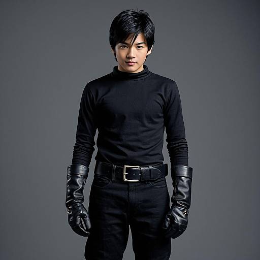 Young Man in Black Outfit with Leather Gloves