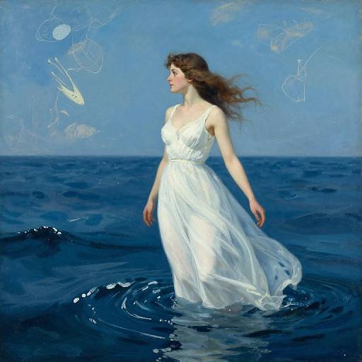 Painting of a fair-skinned woman with brown hair wearing a flowing white dress, standing in deep blue ocean water, looking at a flying white bird