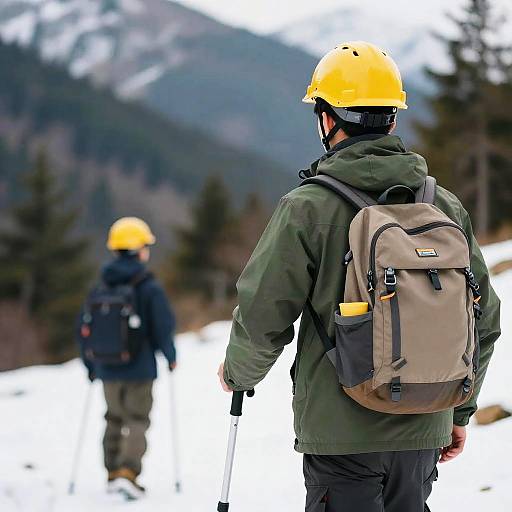 Solo Hiker in Hard Hat and Cane