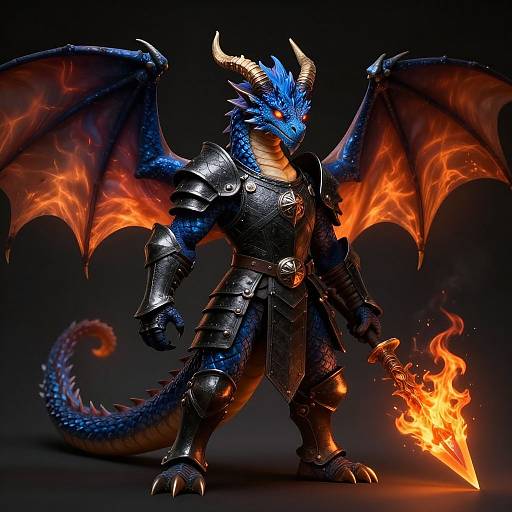 Digital CGI of a blue-scaled, horned dragon warrior in black armor, holding a flaming sword, with orange glowing wings against a dark background.