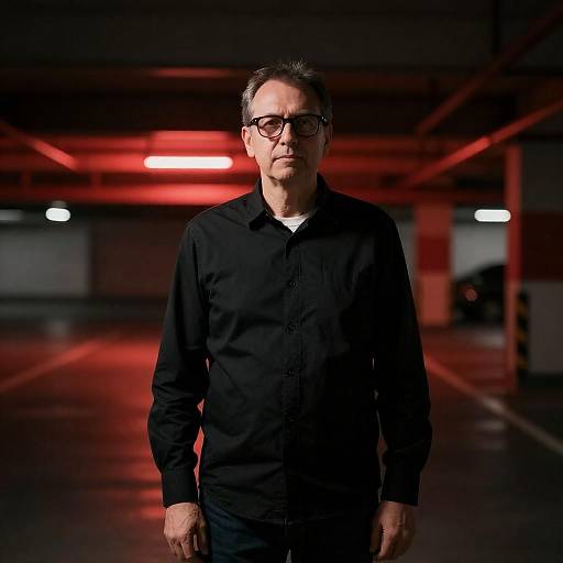 Man in Dimly Lit Industrial Setting