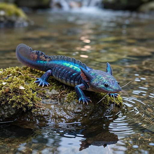 Photograph of a vibrant, iridescent blue salamander with sparkling scales, perched on mossy rock by a rippling stream.