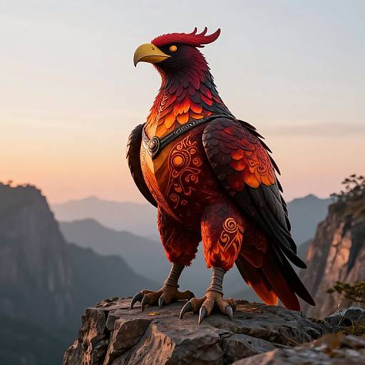 Digital artwork of a vibrant, mythical red and orange phoenix-like bird with intricate patterns, standing on a rocky cliff at sunset.
