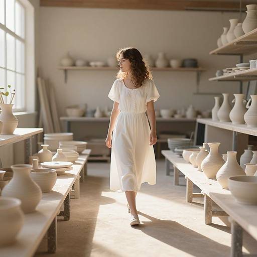 Photograph of a curly-haired woman in a white dress walking through a sunlit pottery studio filled with white ceramic vases and shelves.