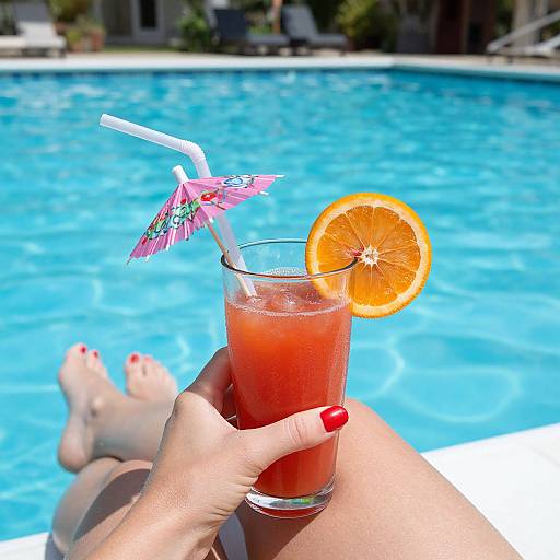 Photograph of a hand with red nails holding a refreshing poolside drink with an orange slice and pink umbrella, legs in blue water.