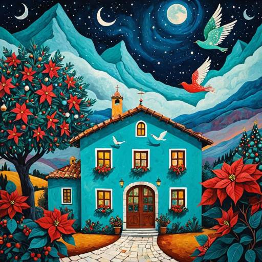 Surreal Turquoise Adobe House with Magical Night Sky