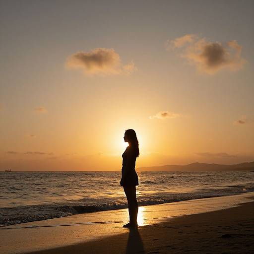 Woman Silhouette at Golden Seashore Sunset