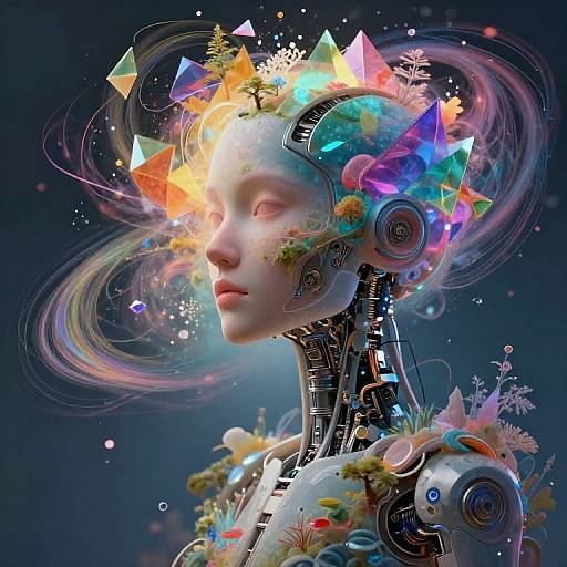 Digital art of a futuristic, cybernetic woman with a glowing rainbow crystal crown, intricate mechanical neck, and floral accents, against a dark, star