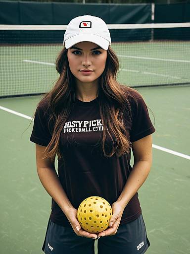 Woman Holding Pickleball on Court
