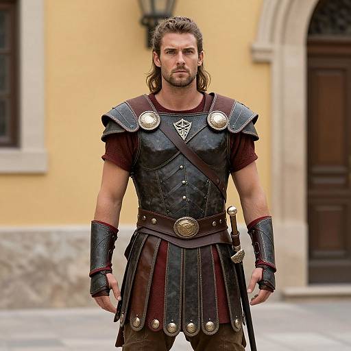 Photograph of a muscular man with long brown hair, beard, and serious expression, wearing ancient Roman-style black leather armor with gold accents, standing in