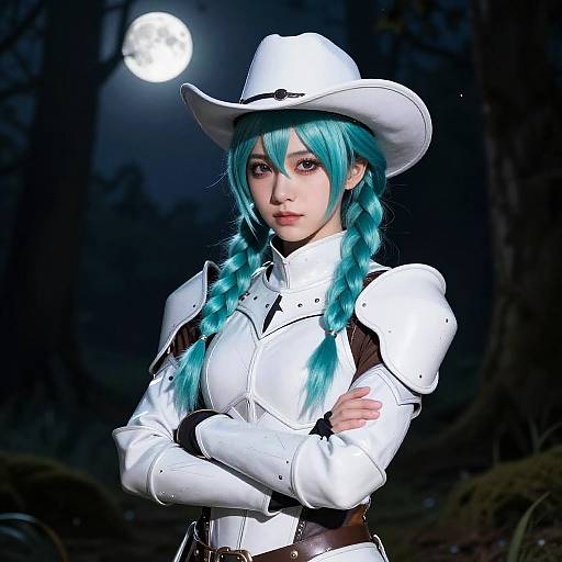 Digital art of a teal-haired woman in white cowboy armor, braided hair, white hat, arms crossed, moonlit forest background.