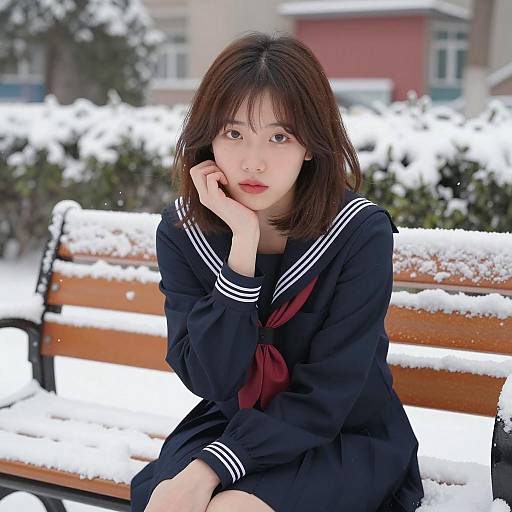 Asian woman in navy sailor school uniform sitting on snowy bench