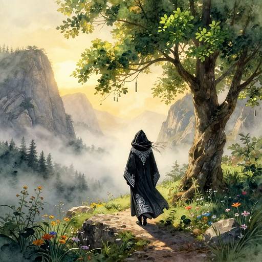 Digital fantasy artwork: Mysterious hooded figure in black cloak walks away from sunlit, misty mountain valley, surrounded by lush trees and colorful wild