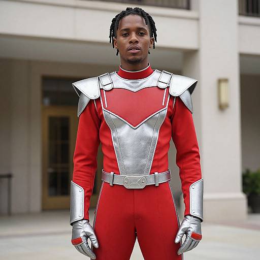 Photograph of a Black man with dreadlocks, wearing a red and silver superhero costume with metal armor, standing in front of a modern building.