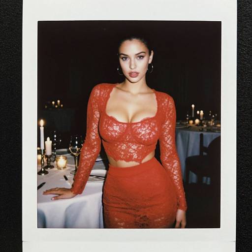 Photograph of a woman with dark hair in a red lace crop top and skirt, standing in a dimly lit, candlelit restaurant.
