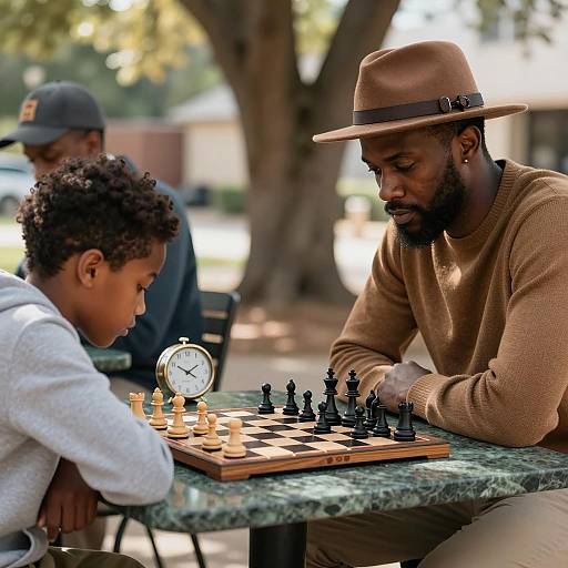 Outdoor Chess Game Between Man and Boy
