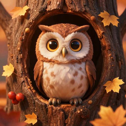 Cozy Fluffy Owl in Autumn Hollow