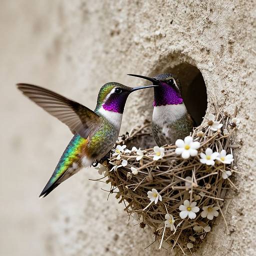 Photograph of two vibrant, iridescent hummingbirds with green, purple, and white feathers, feeding on flowers in a nest inside a rough-text
