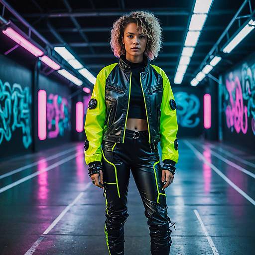 Athletic Woman in Neon Cyberpunk Outfit