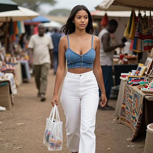 Photograph of a young Black woman with long black hair, wearing a blue denim crop top and white high-waisted pants, carrying a clear plastic