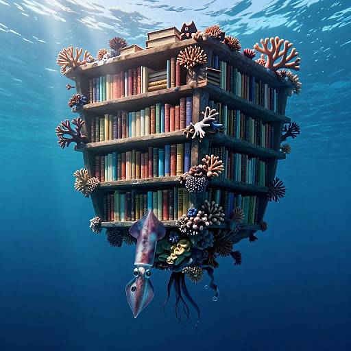 Photorealistic digital art: underwater bookshelf floating, adorned with coral, surrounded by sunlight, with a squid swimming below, in deep blue ocean.