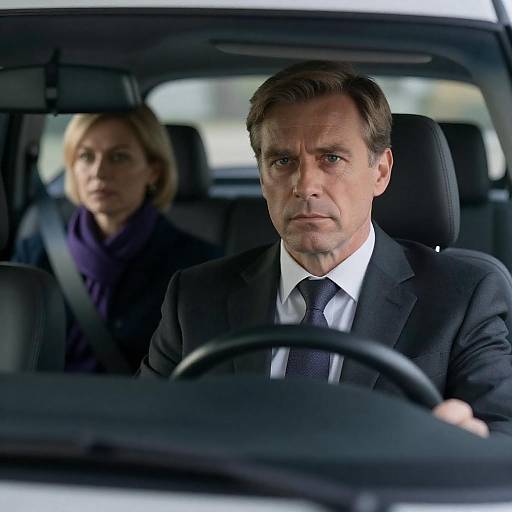 Serious Businessman Driving with Female Passenger