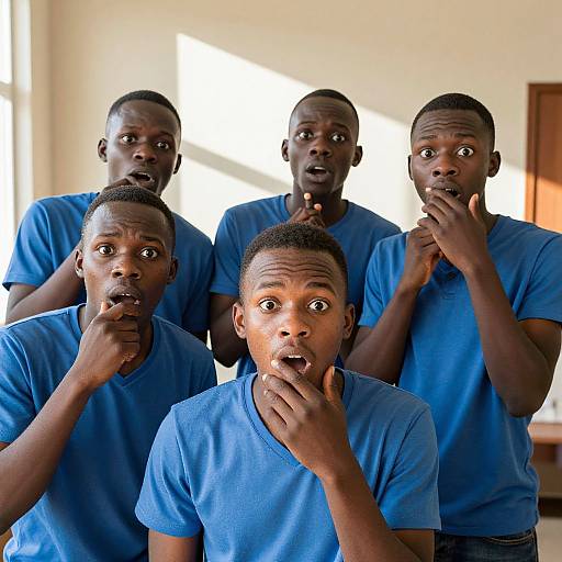 Photograph of five surprised African-American men in blue t-shirts, standing in a brightly lit room, mouths open, fingers to lips.