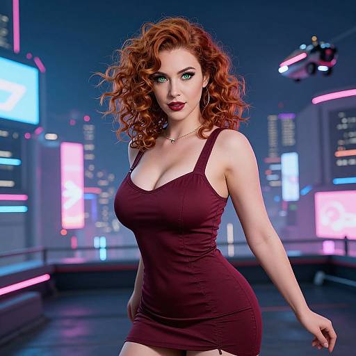 Digital artwork of a red-haired woman with green eyes, wearing a tight maroon dress, standing confidently in a neon-lit cityscape rooftop at night