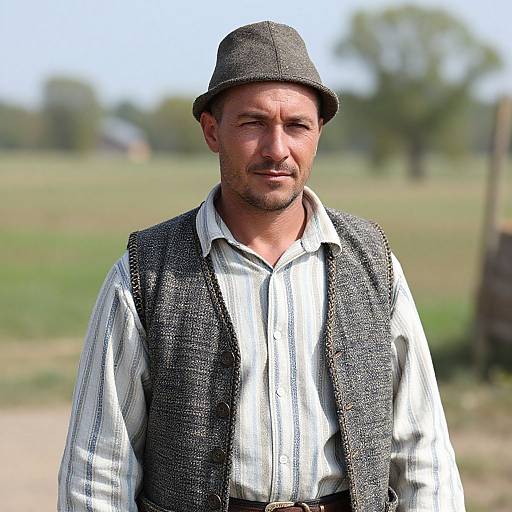 Photograph of a middle-aged man with light skin and stubble, wearing a gray flat cap, white striped shirt, and black wool vest, standing