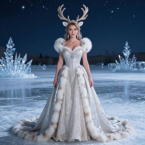 Photograph of a model in a white, fur-trimmed, antlered winter ball gown, standing on a glowing ice runway with illuminated crystal
