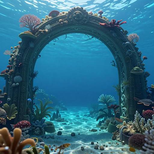 Digital artwork of an underwater archway adorned with colorful coral, seaweed, and marine life, bathed in blue light, surrounded by a vibrant ocean