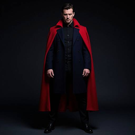 Photograph of a serious, dark-haired man in a black coat with a vibrant red cape, standing against a black background.