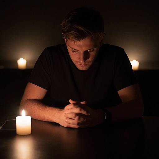Photograph of a young man with short brown hair, wearing a black t-shirt, praying in a dimly lit room with four glowing candles.