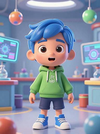 CGI cartoon boy with blue hair, green hoodie, blue shorts, white sneakers, standing in colorful, futuristic laboratory with glowing screens.