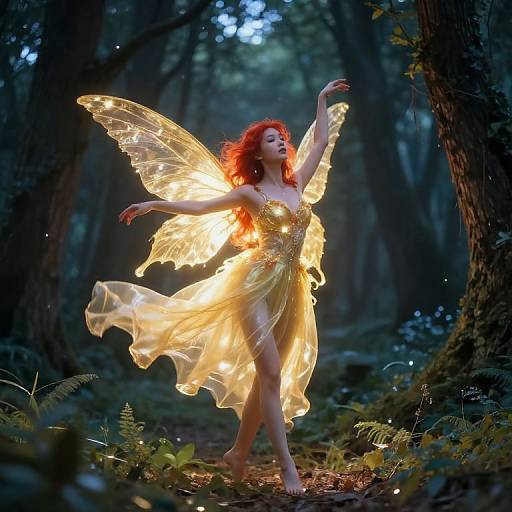 Photograph of a red-haired fairy with glowing yellow wings and dress, dancing in a dark, enchanted forest illuminated by her light.