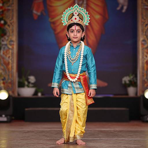 Photograph of a young Indian boy in traditional attire, wearing a blue shirt, yellow pants, white flower garland, and ornate headdress,