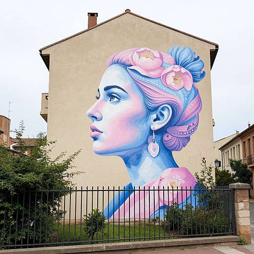 Vibrant street art mural of a blue and pink-hued woman with floral hairpins, wearing earrings, profile view, behind a black fence in