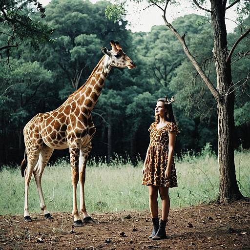 Woman in Giraffe Dress Standing Next to Giraffe in Forest